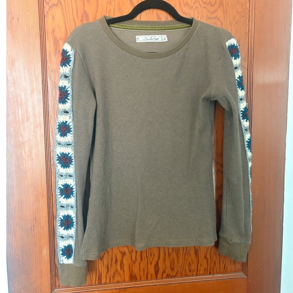 Boundless North Olive Green Waffle Knit Crochet Sleeve Thermal Top Long Sleeves